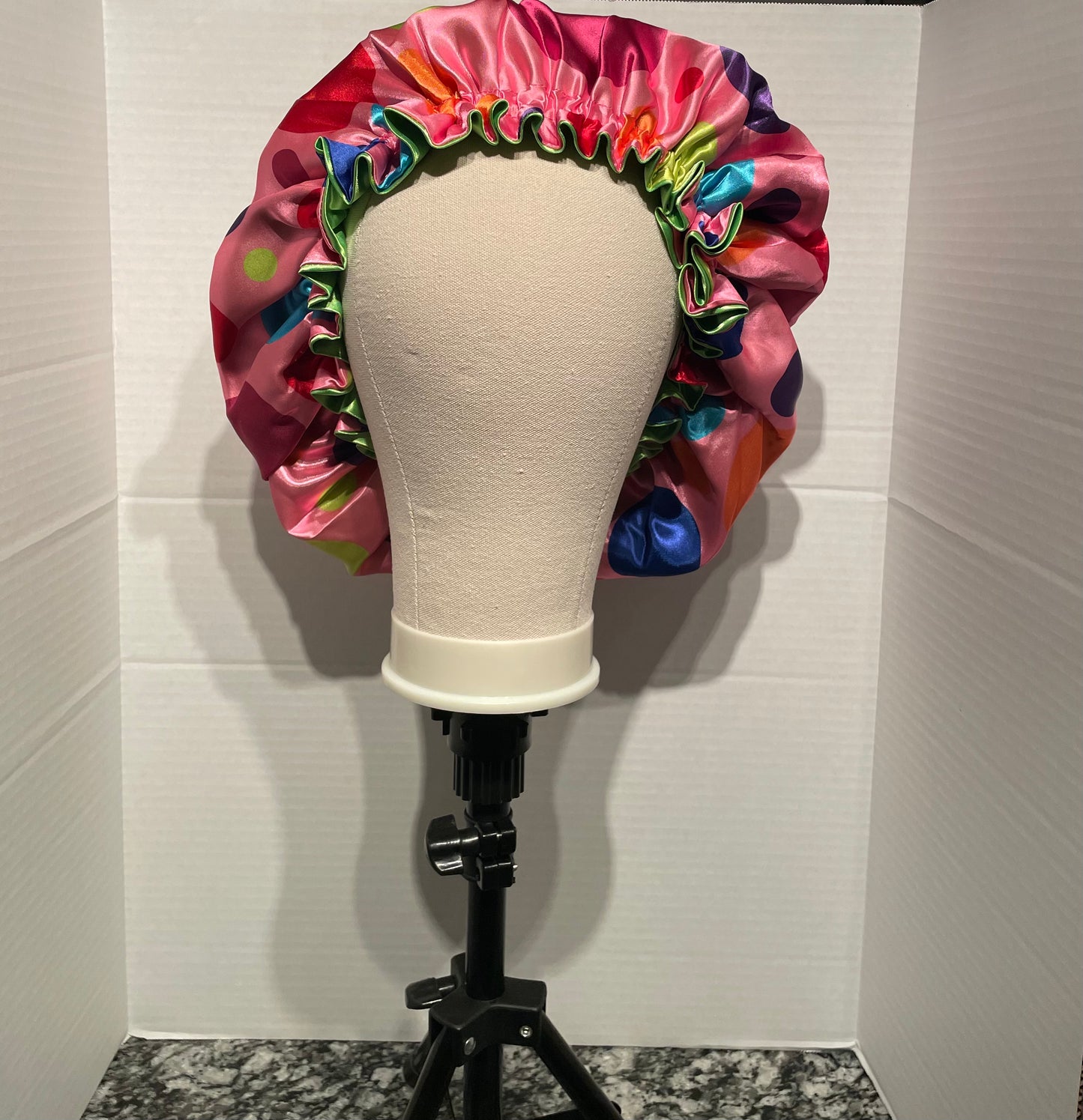 Pink with Large Polka Dot/Lime Green Reversible Satin Bonnet