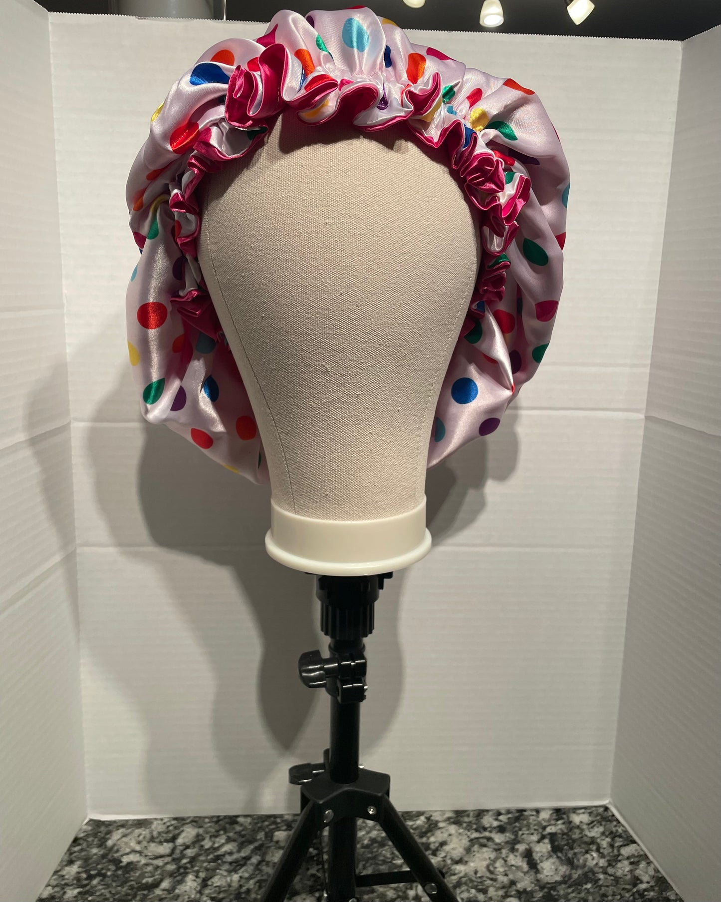 Polka Dot/Pink Reversible Satin Bonnet