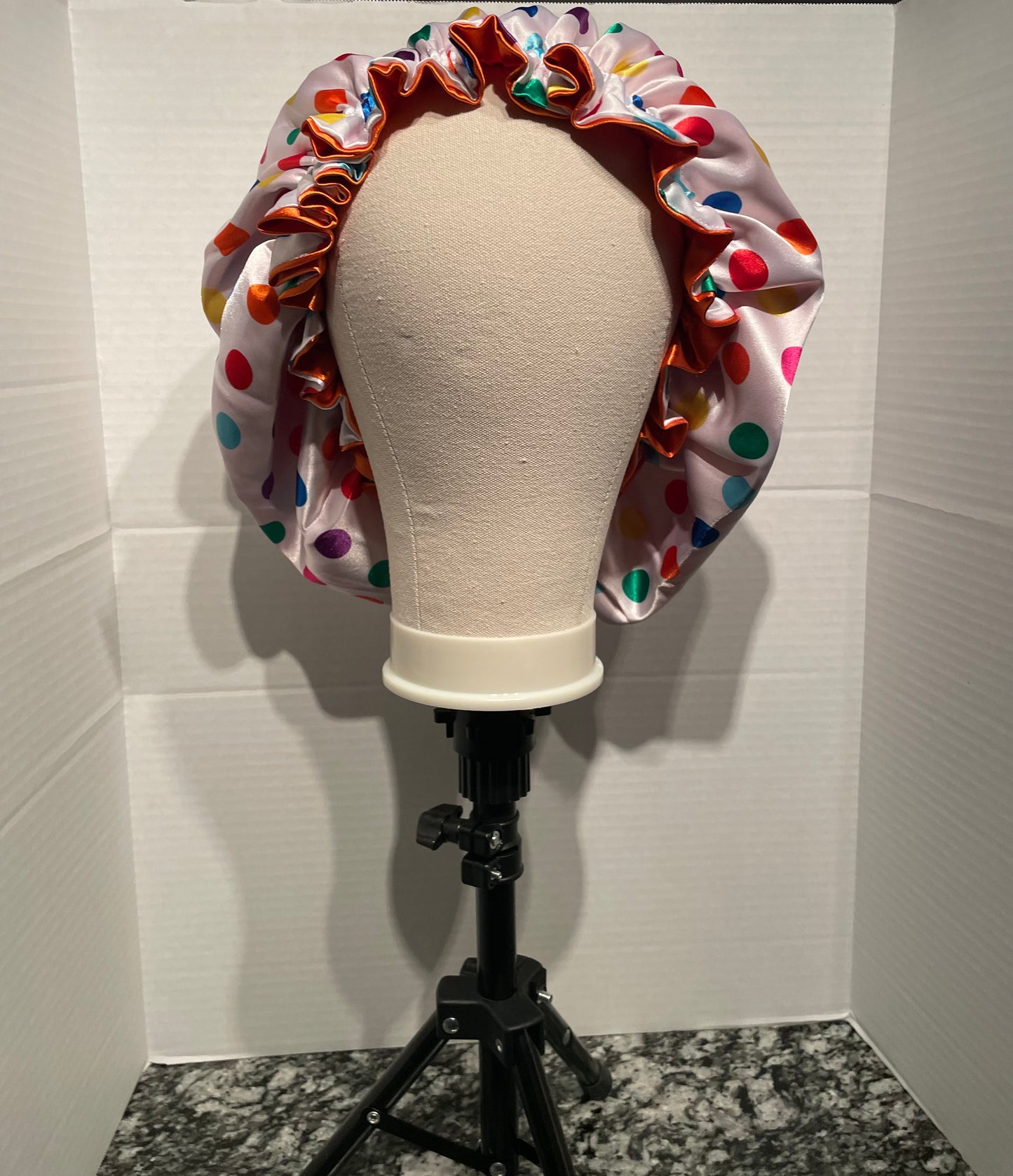 Polka Dot/Orange Reversible Satin Bonnet