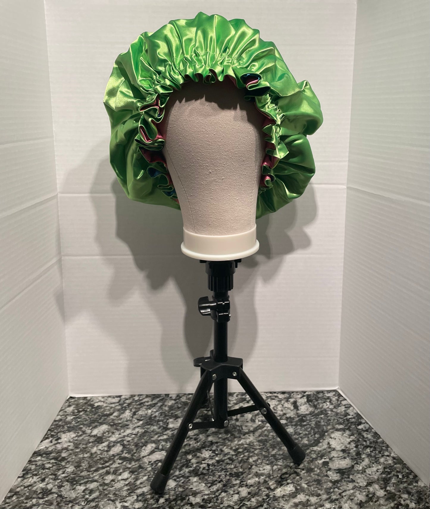 Pink with Large Polka Dot/Lime Green Reversible Satin Bonnet